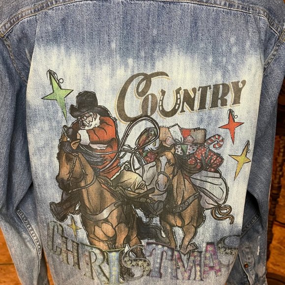 Super Cute Upcycled Country Christmas Button Down Denim Shirt - Picture 5 of 5
